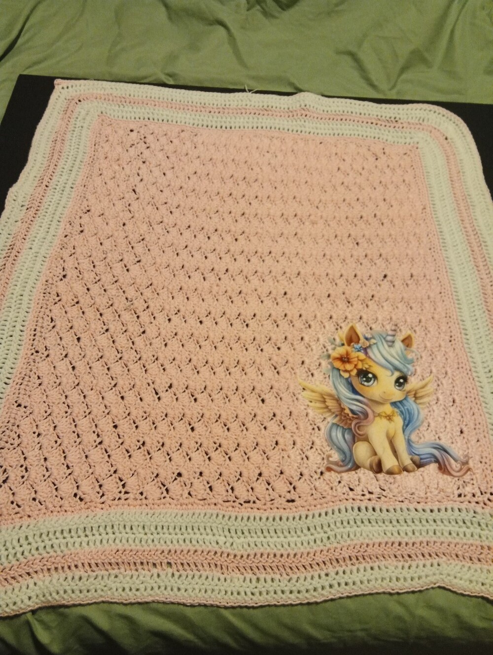 Handmade Pink and White Crochet Baby Blanket with Unicorn Appliqué